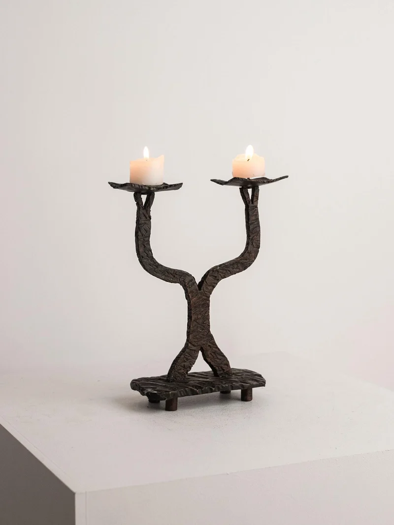 Heavy Cast Bronze Candelabra, Brutalist Organic Metalwork (c. 1960s)