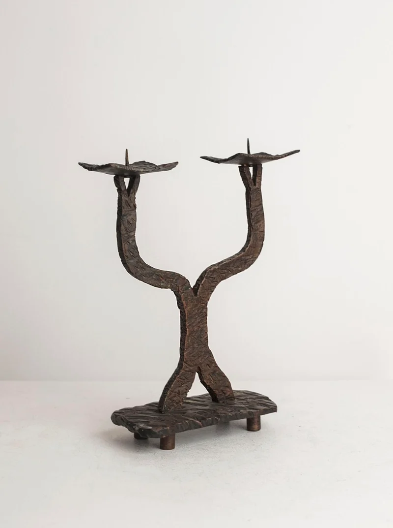Heavy Cast Bronze Candelabra, Brutalist Organic Metalwork (c. 1960s)