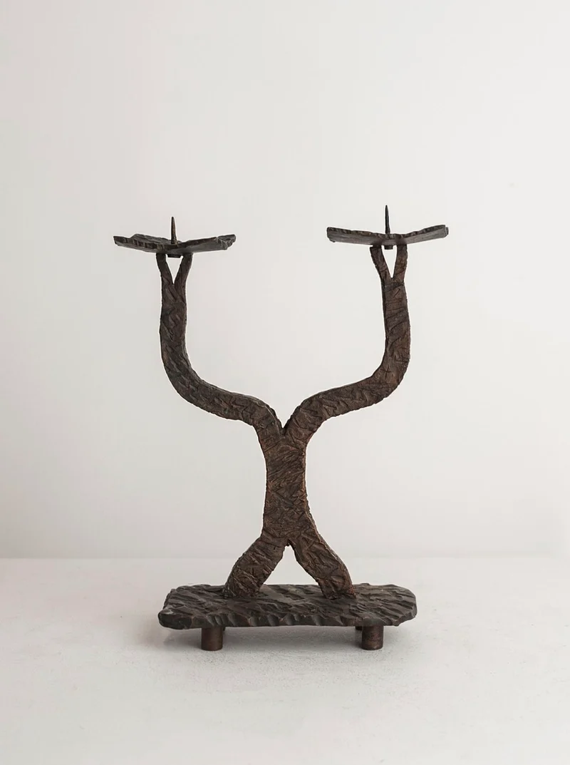 Heavy Cast Bronze Candelabra, Brutalist Organic Metalwork (c. 1960s)