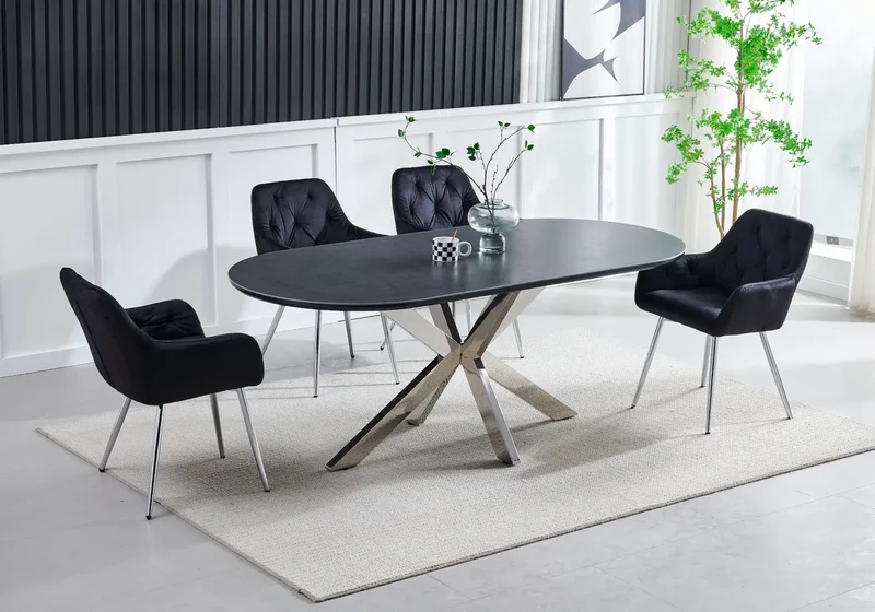 Table à manger ovale céramique pierre argent - Otho