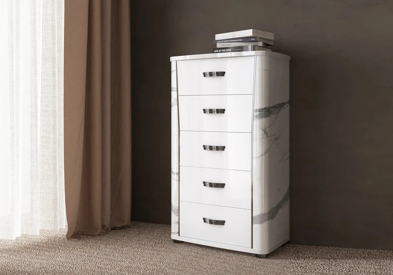 Chiffonnier 5 tiroirs blanc laqué et décor marbre - Anna