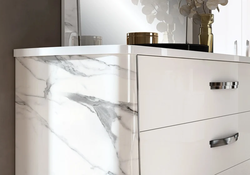 Commode 3 tiroirs blanc laqué et décor marbre - Anna