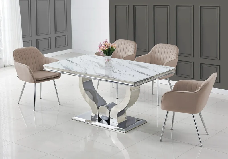 Ensemble table marbre blanc et chaises argent – Omega