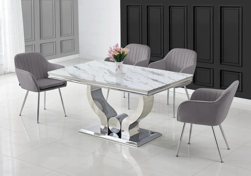 Ensemble table marbre blanc et chaises argent – Omega