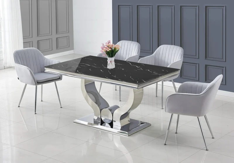 Ensemble table marbre noir et chaises argent – Omega
