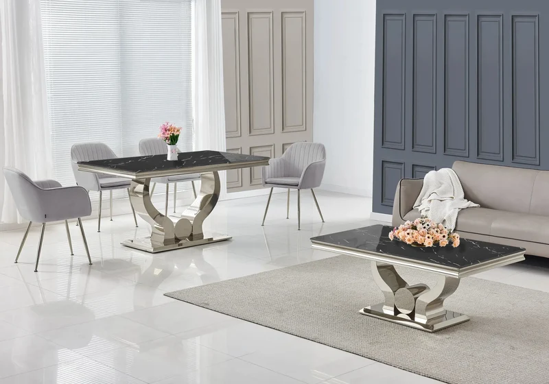 Ensemble table marbre noir et chaises argent – Omega
