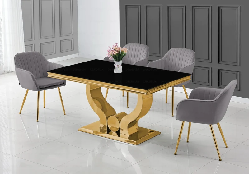Ensemble table verre noir et chaises dorés – Omega