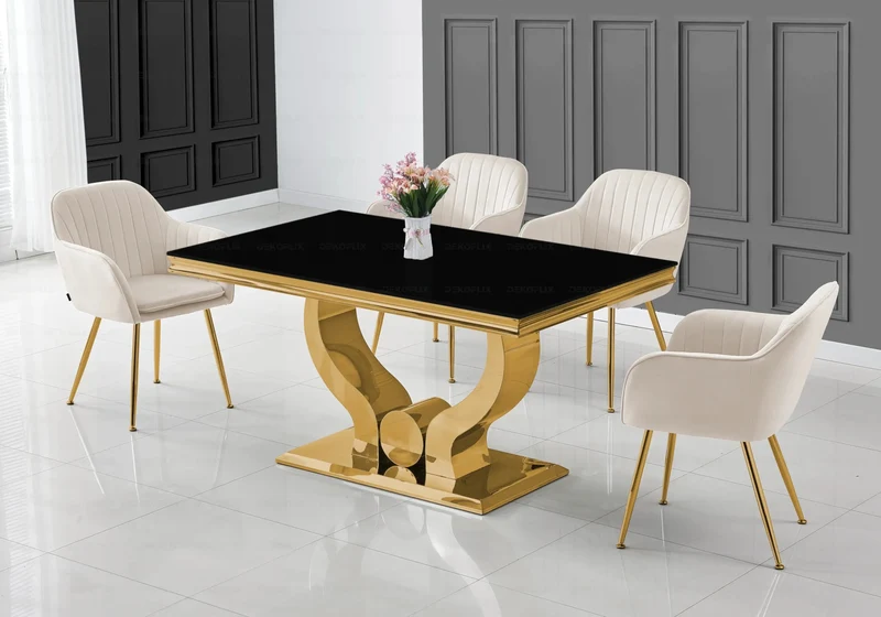 Ensemble table verre noir et chaises dorés – Omega