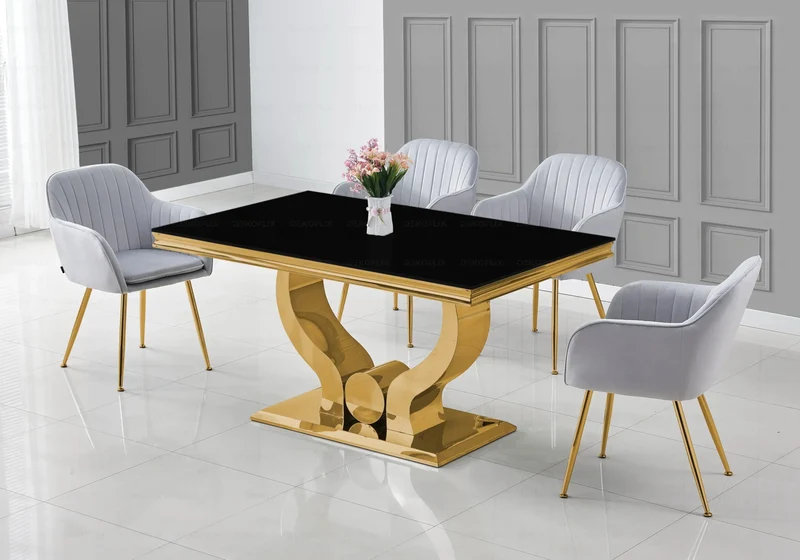 Ensemble table verre noir et chaises dorés – Omega