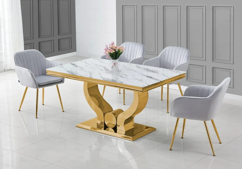 Ensemble table marbre blanc et chaises dorés – Omega