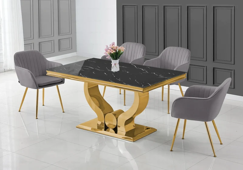 Ensemble table marbre noir et chaises dorés – Omega