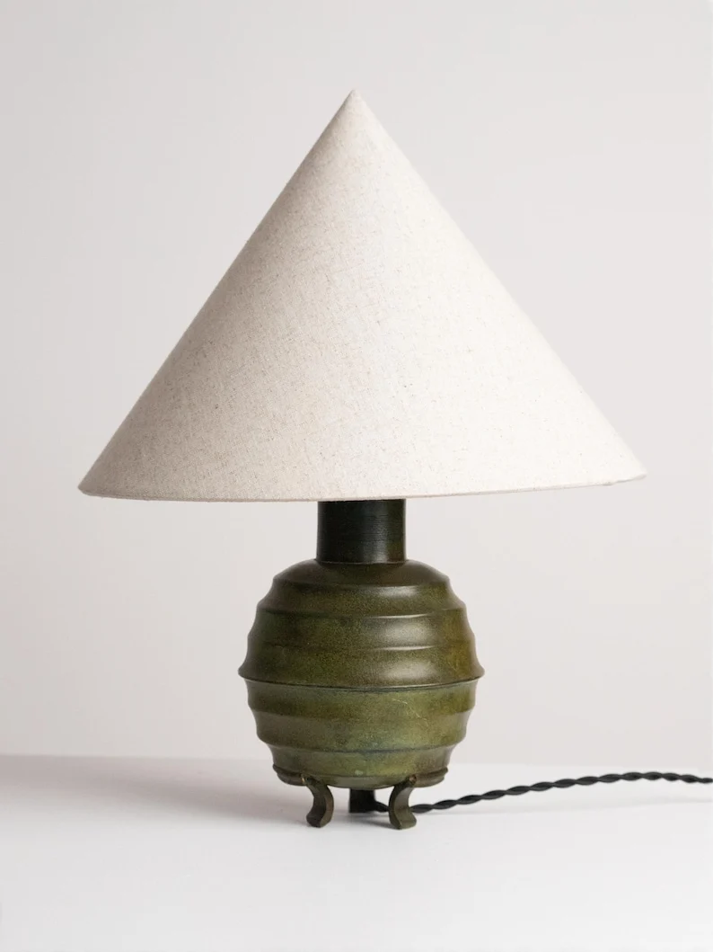 Vintage Art Deco Ribbed Metal Ceramic Table Lamp