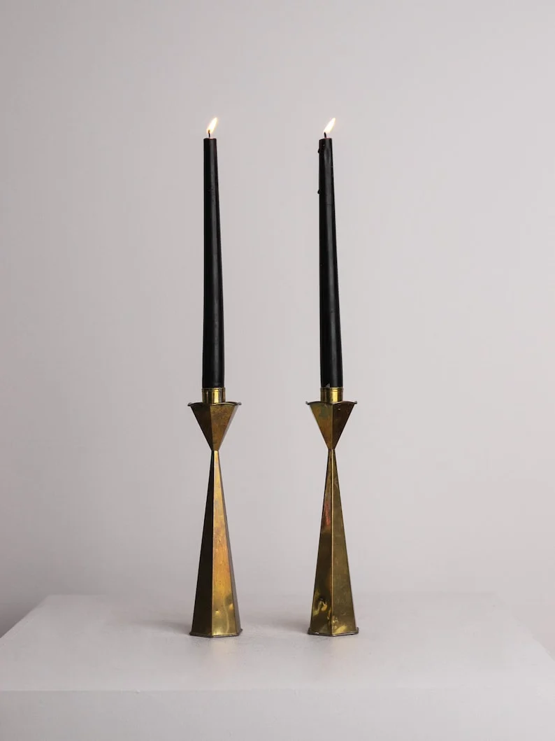 Hexagonal Brass Candlesticks Tall Pair, Hourglass Taper Holders 1960s