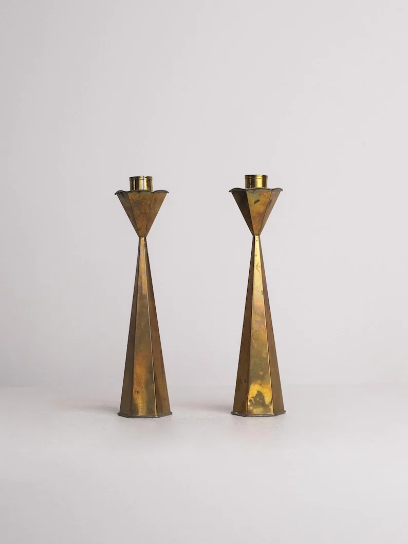 Hexagonal Brass Candlesticks Tall Pair, Hourglass Taper Holders 1960s