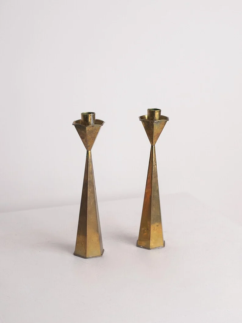Hexagonal Brass Candlesticks Tall Pair, Hourglass Taper Holders 1960s