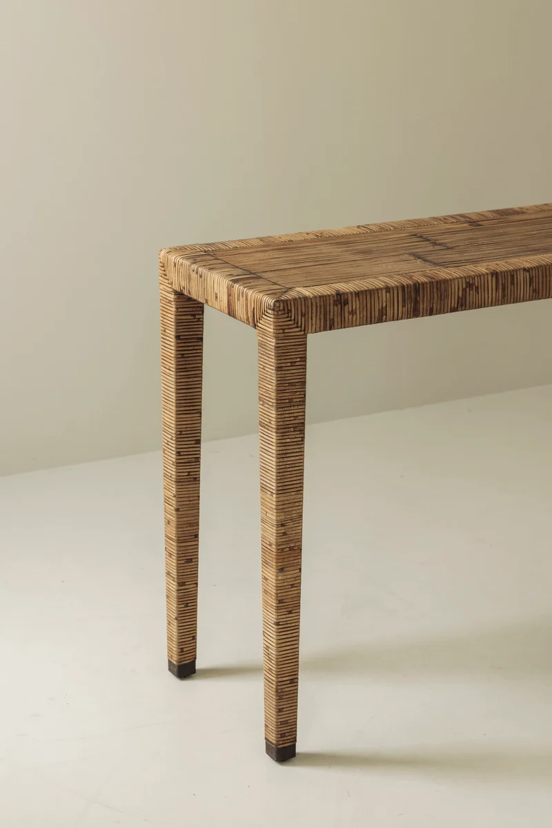Exceptional French Rattan Wrapped Console Table, 1970s