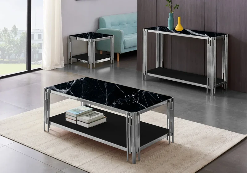 Console argentée marbre noir - Eve