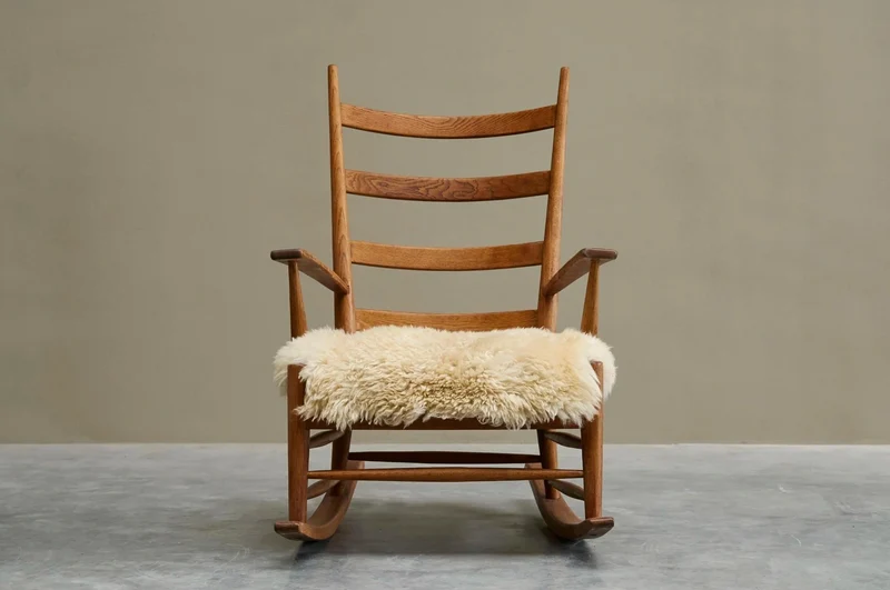 Rocking Chair in Solid Oak and Sheepskin France 1960s