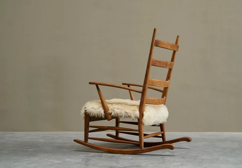 Rocking Chair in Solid Oak and Sheepskin France 1960s