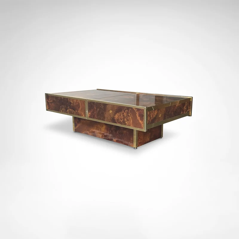 Burl Wood and Brass Coffee Table with Integrated Bar by Maison Lancel
