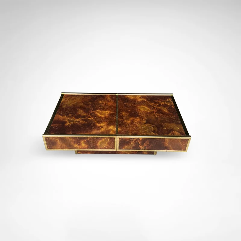 Burl Wood and Brass Coffee Table with Integrated Bar by Maison Lancel