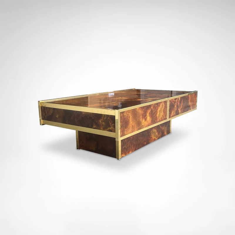 Burl Wood and Brass Coffee Table with Integrated Bar by Maison Lancel