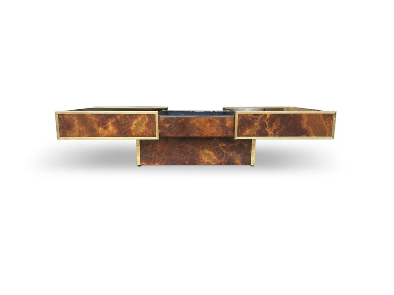 Burl Wood and Brass Coffee Table with Integrated Bar by Maison Lancel