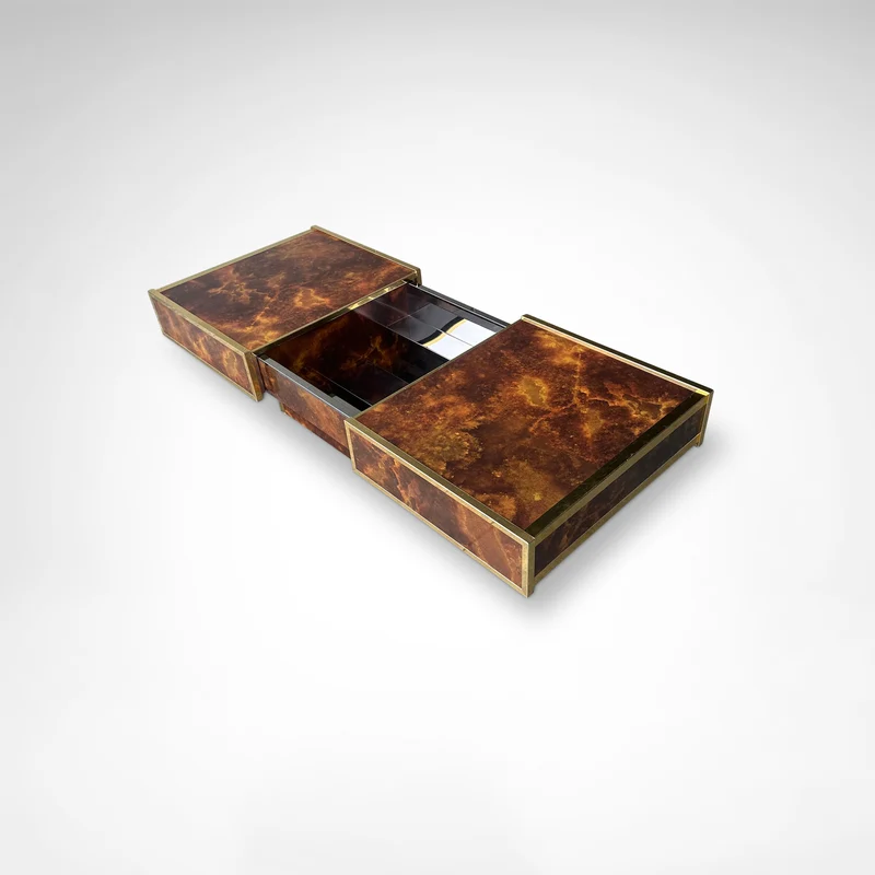 Burl Wood and Brass Coffee Table with Integrated Bar by Maison Lancel