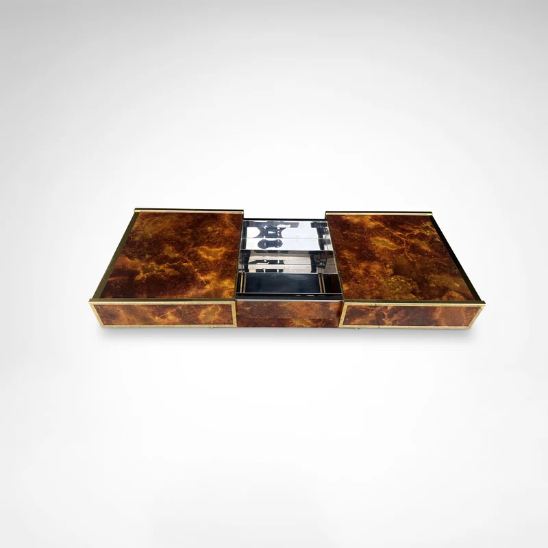 Burl Wood and Brass Coffee Table with Integrated Bar by Maison Lancel