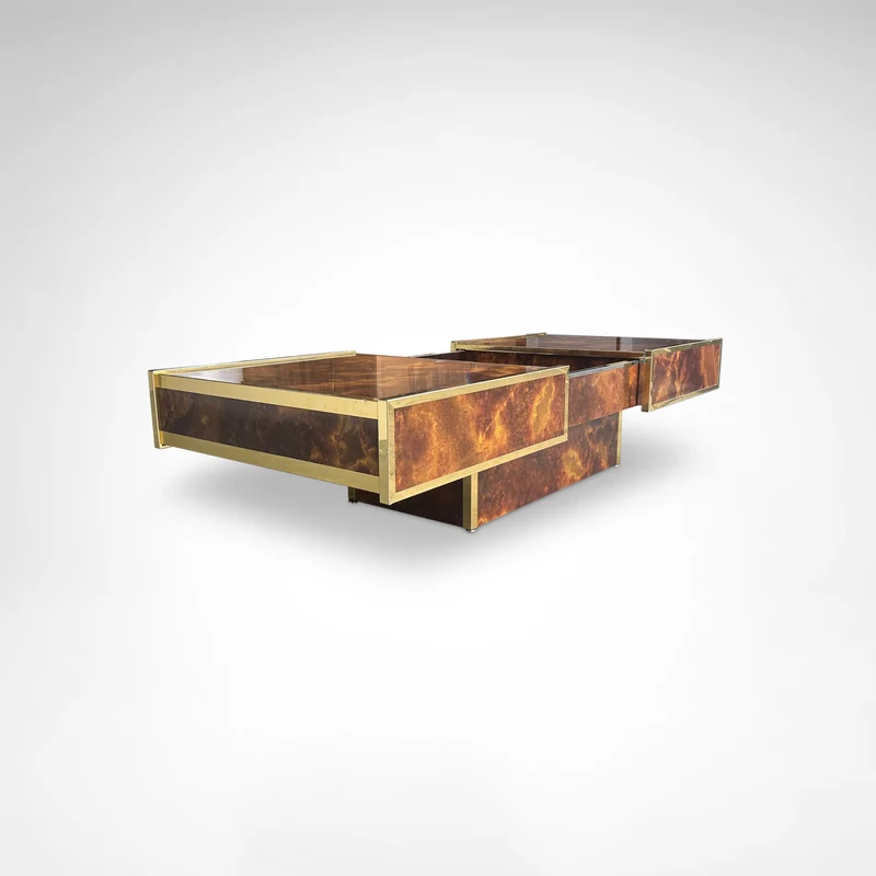 Burl Wood and Brass Coffee Table with Integrated Bar by Maison Lancel