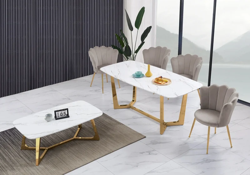 Ensemble salle à manger marbre blanc doré – Gaya