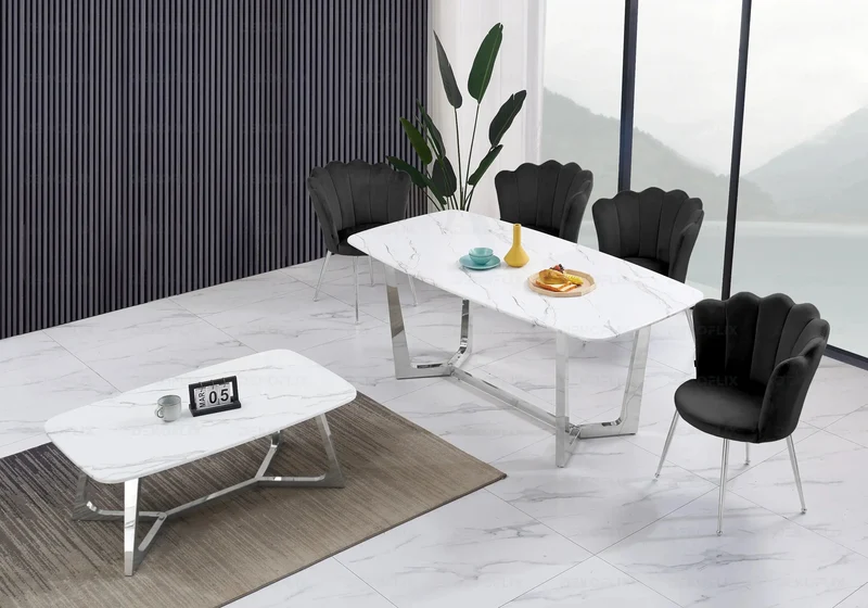 Table marbre blanc et 4 chaises argent - Gaya