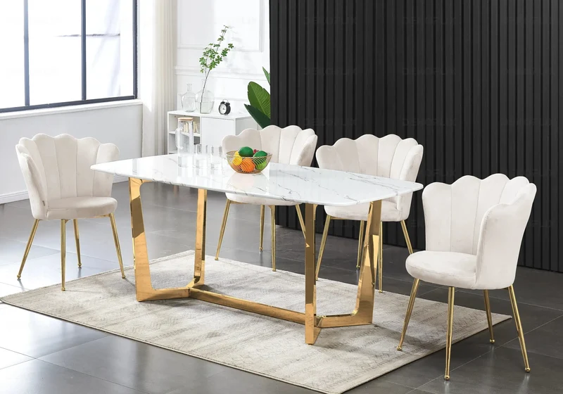 Table marbre blanc et 4 chaises doré - Gaya