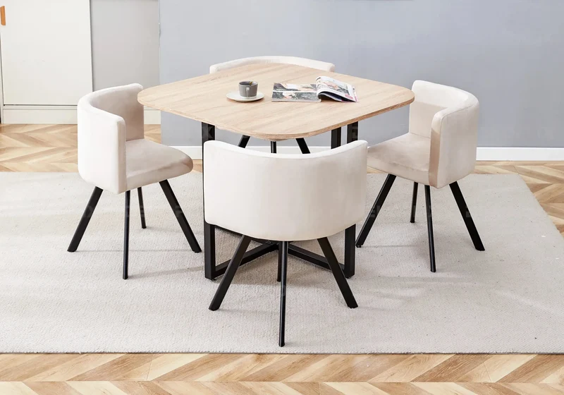Ensemble table chêne et 6 chaises beige - Space