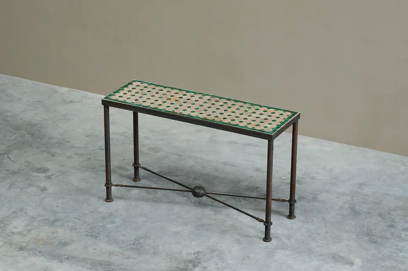 Art Deco Console Table in Patinated Iron and Tiles, 1940s