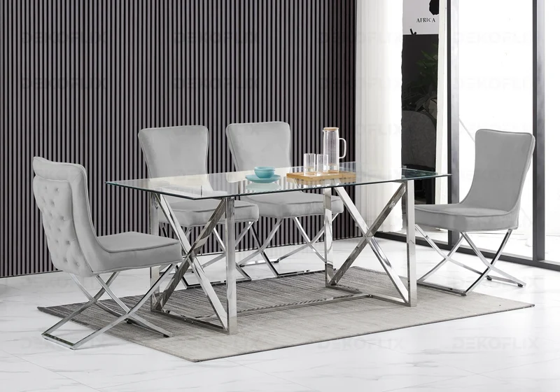 Table verre et 4 chaises velours gris argent - Enzo