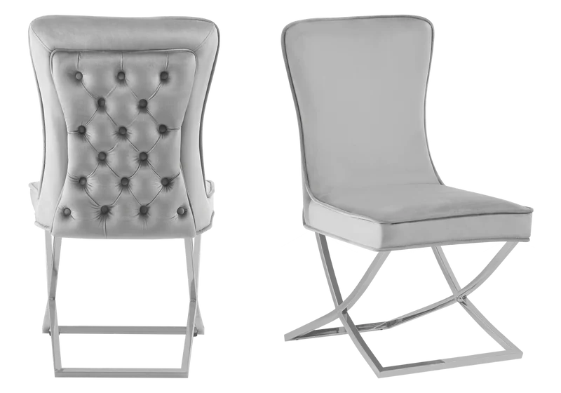 Table verre et 4 chaises velours gris argent - Enzo