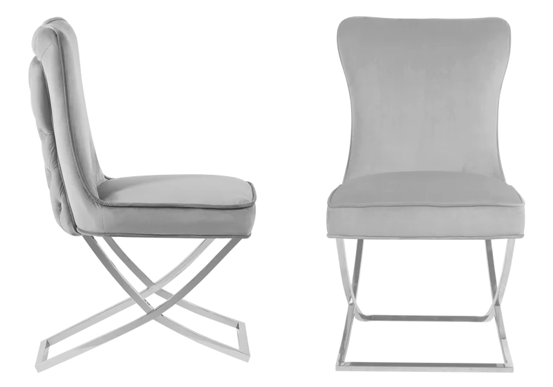 Table verre et 4 chaises velours gris argent - Enzo