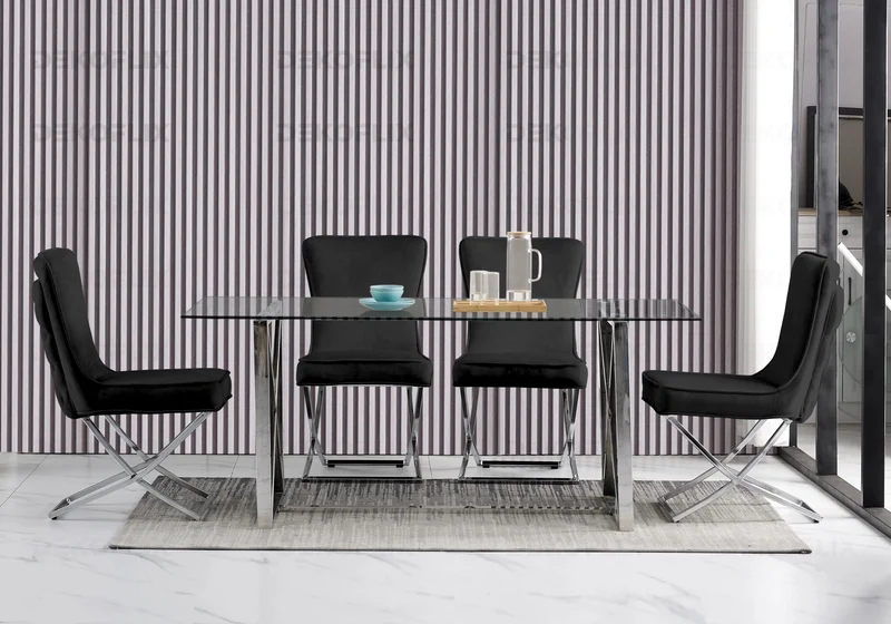 Table verre et 4 chaises velours noir argent - Enzo