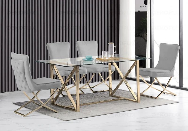 Table verre et 4 chaises velours gris dorée - Enzo