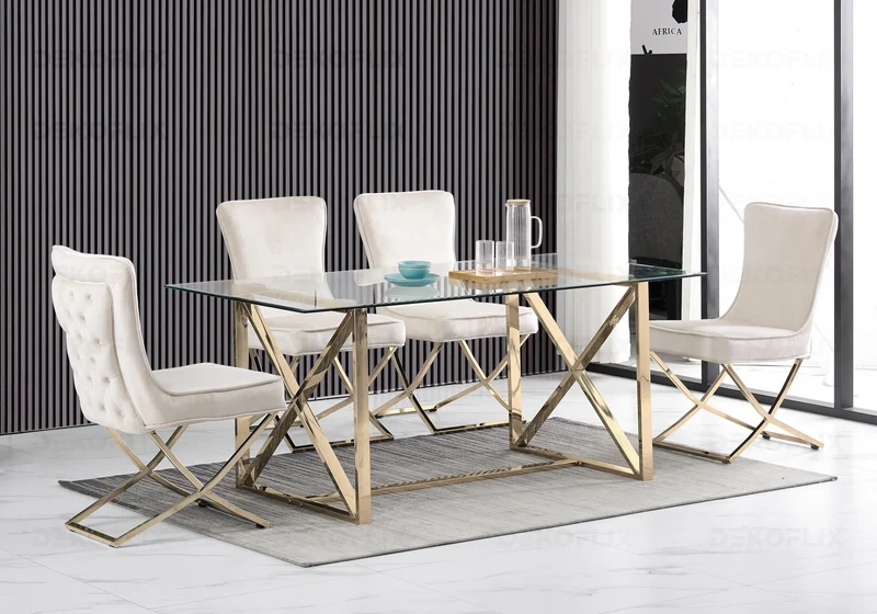 Chaise capitonnée pied croisé doré écrue - Enzo x2