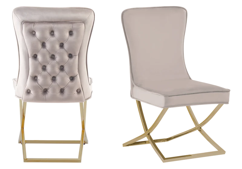 Table verre et 4 chaises velours beige dorée - Enzo