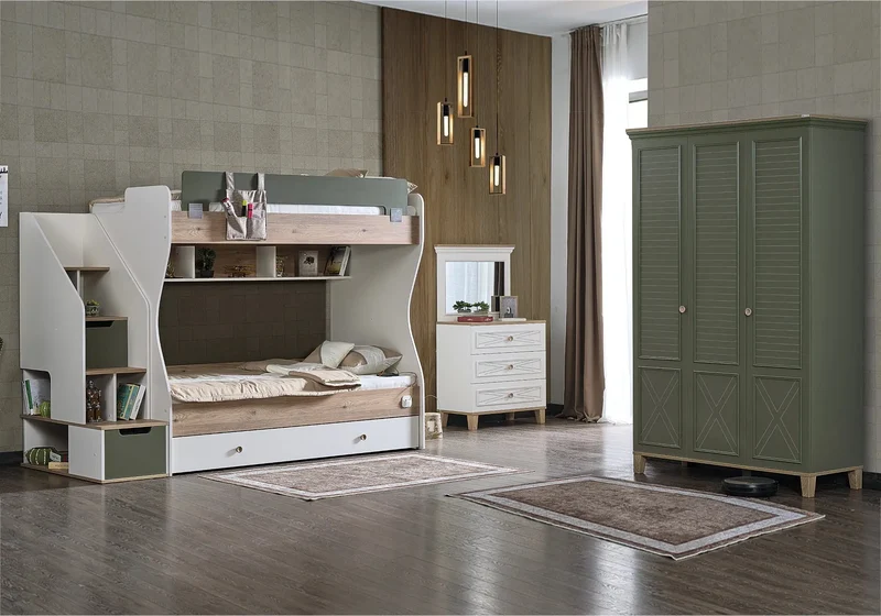 Ensemble chambre jeune lit superposé vert ATLAS