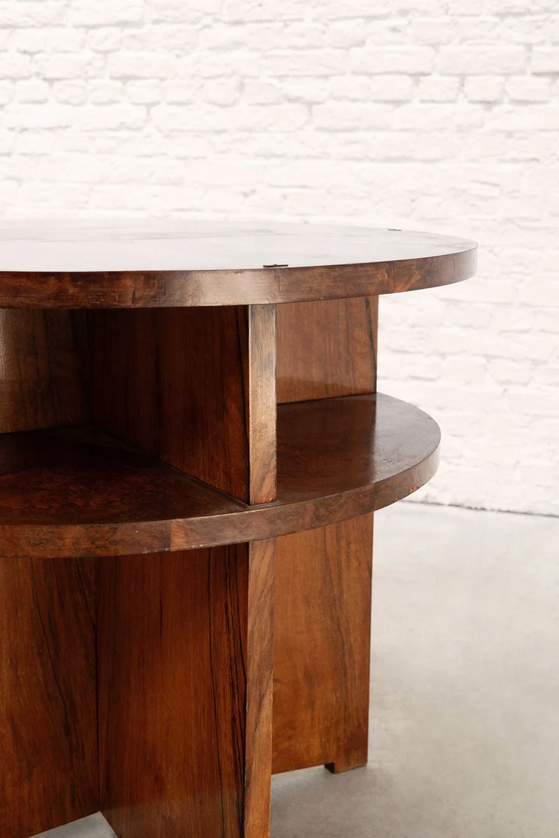 French Modernist Circular Coffee Table with Integrated Shelving, c. 1935