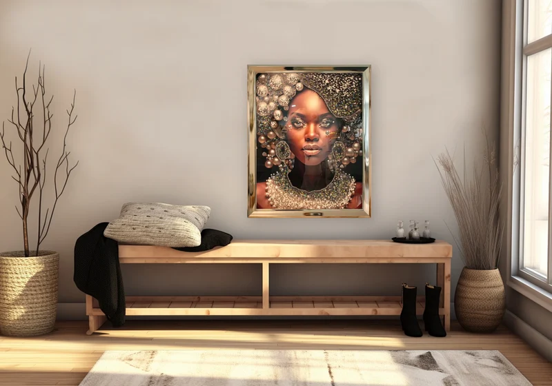 Tableau femme africaine perles cristaux dorés - Amara