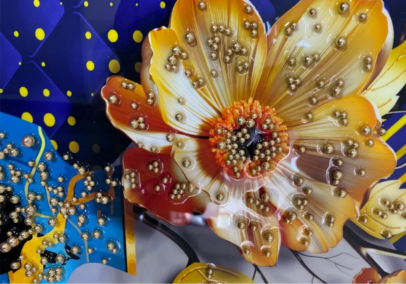 Tableau mural fleurs bleues perles dorées - Velora
