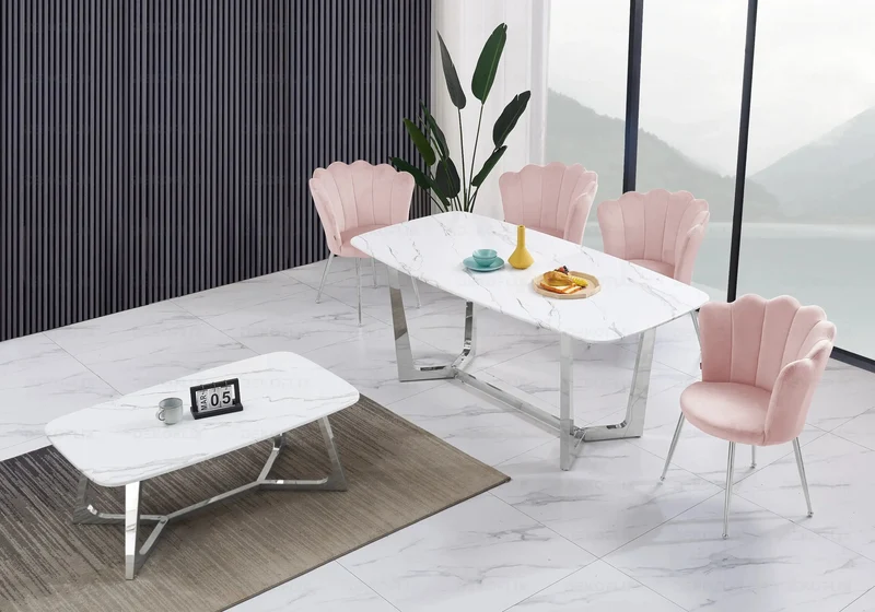 Chaise de table coquillage velours rose pieds argent - Nymea x2