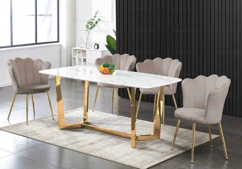 Chaise de table coquillage velours taupe pieds or - Nymea x2