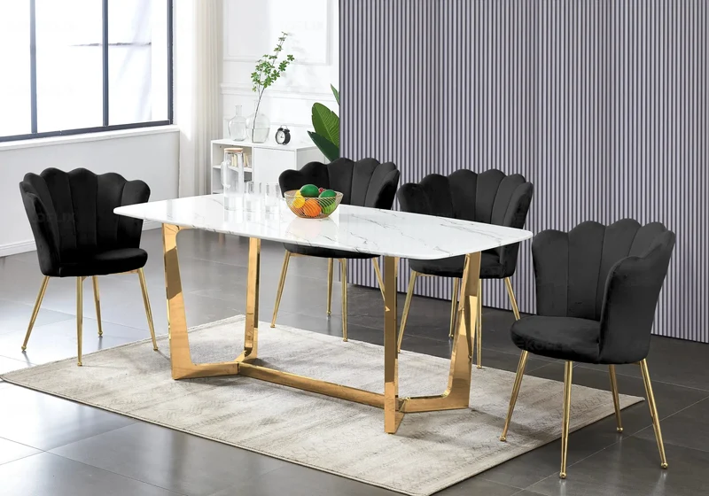 Chaise de table coquillage velours noir pieds or - Nymea x2