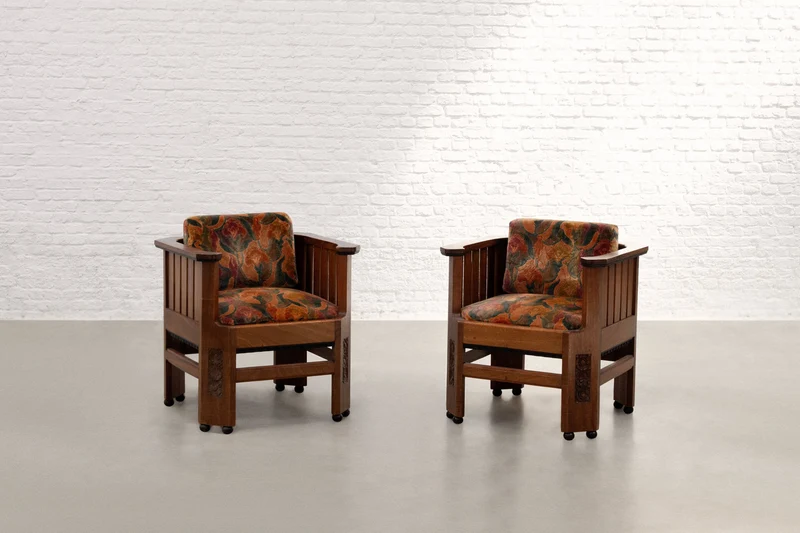 Pair of Amsterdam School Walnut Armchairs, Netherlands, c. 1930